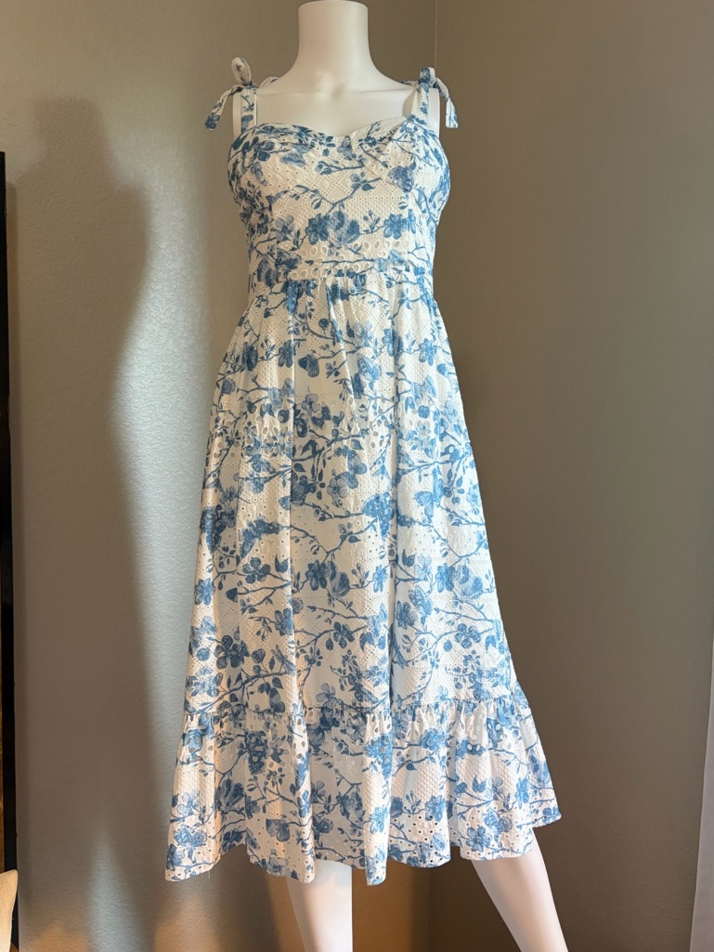 Cottagecore Blue & White Floral Tie Strap Tiered Midi Eyelet Sundress, like new